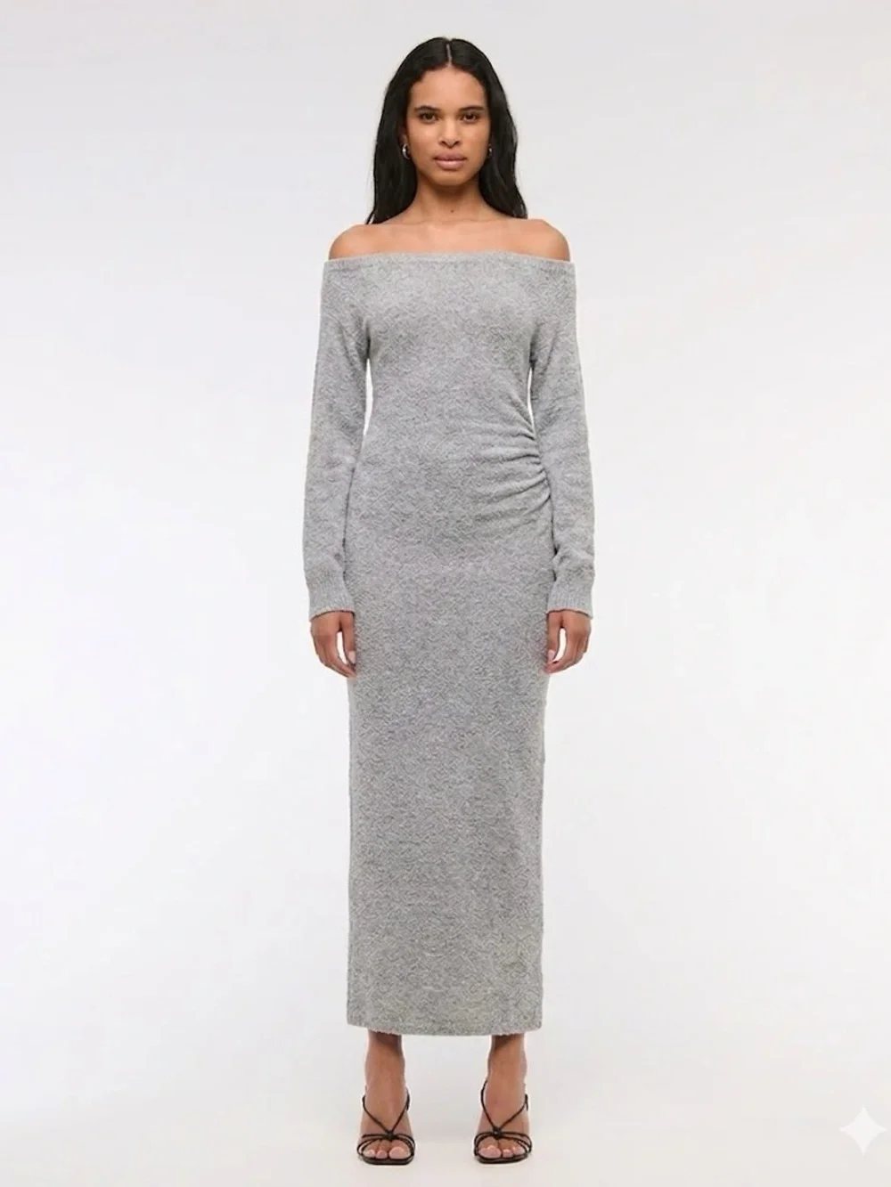 NWT Abercrombie & Fitch Soft Gray Off-the-Shoulder Boucle Knit Maxi Dress Small
